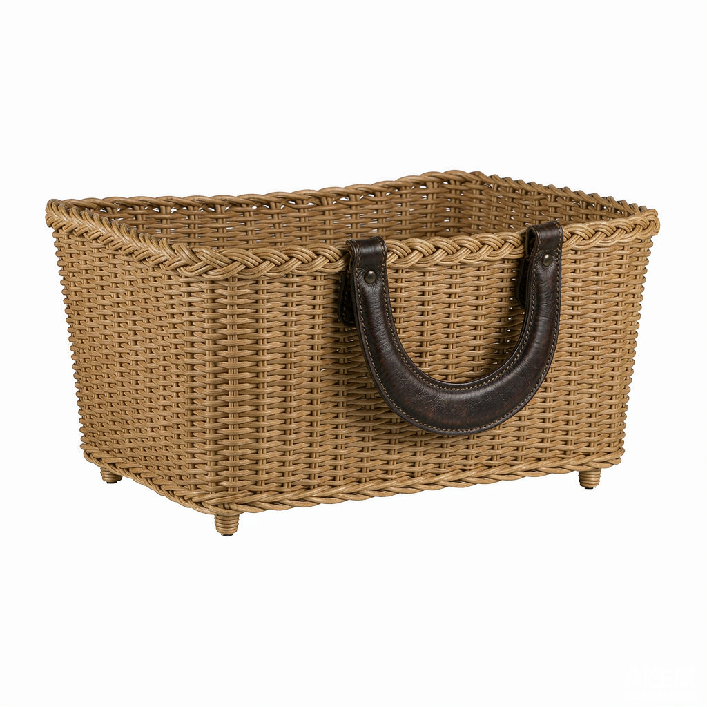 Shelf organizer basket with leather handles